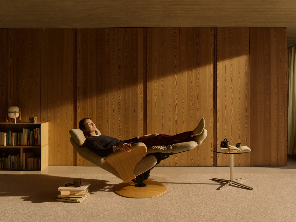 Stressless Adam electric recliner in Clover Funghi fabric on a natural oak disc base