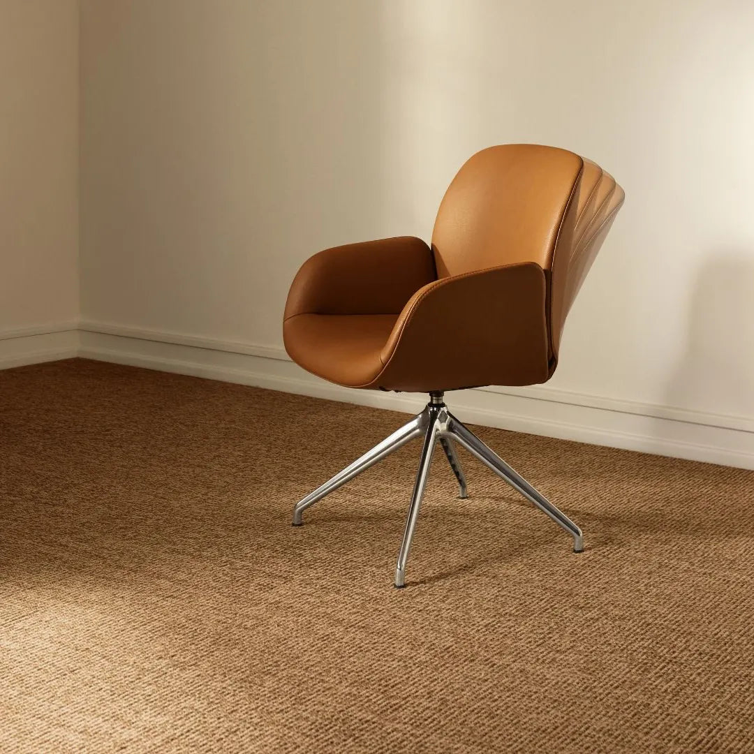 Stressless Bay dining chair with armrests in brown Velaro leather on a swiveling D350 star base