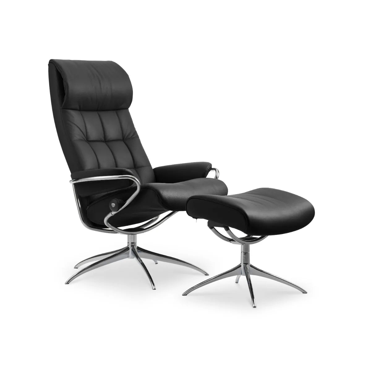 Stressless London met hoge rug en voetenbank in zwart Paloma leder op een Star onderstel, met de vierkant gestikte rug
