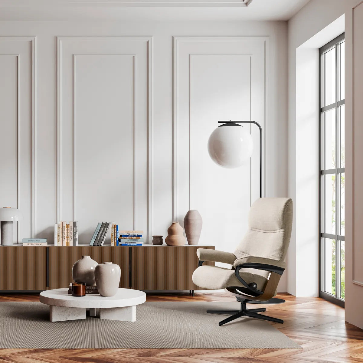 Stressless Philip in light-colored fabric on a matte black Cross base with smoked oak, in a classic living room