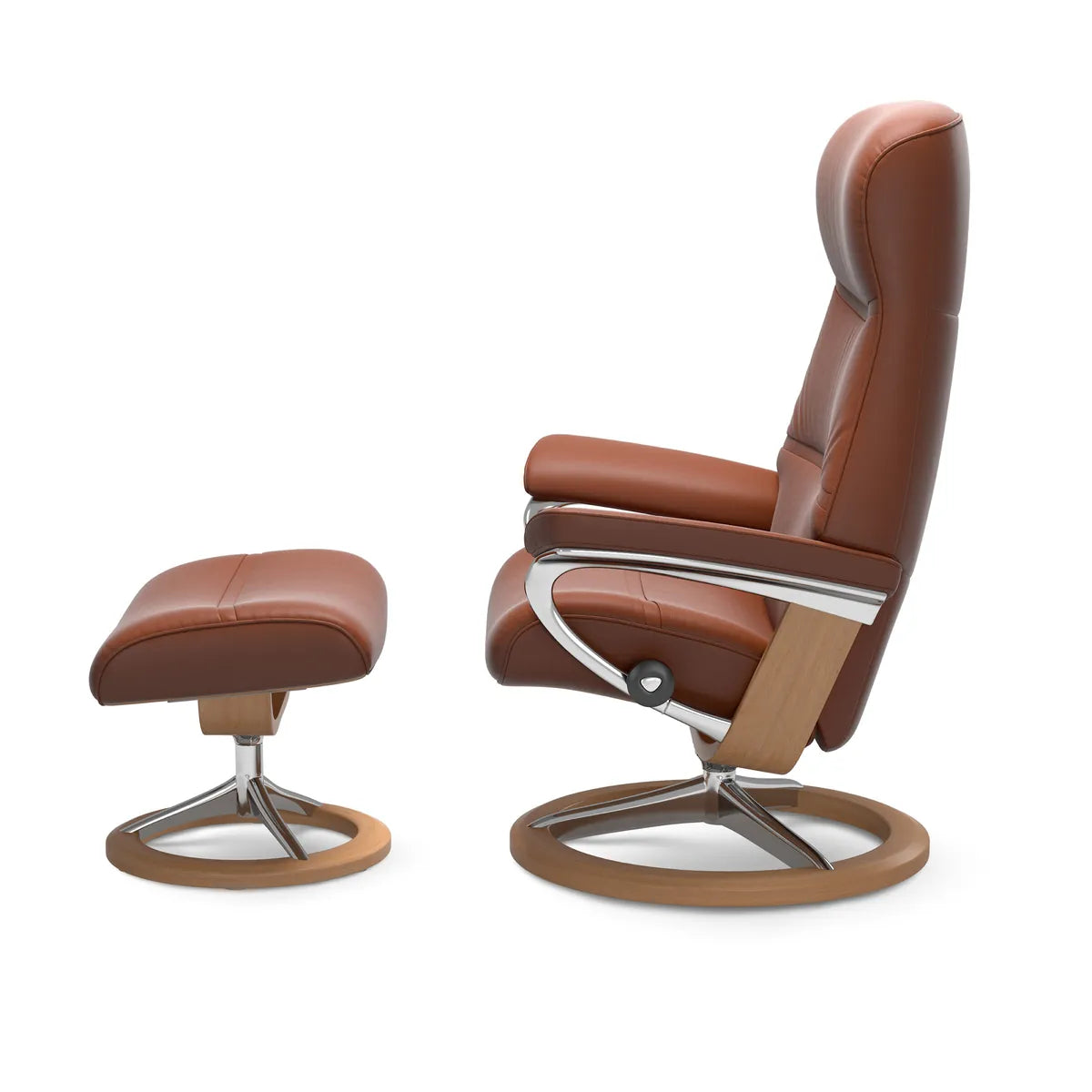 Side view of the extra-high backrest of the Stressless Philip in Paloma New Cognac leather on a Signature base with a footstool