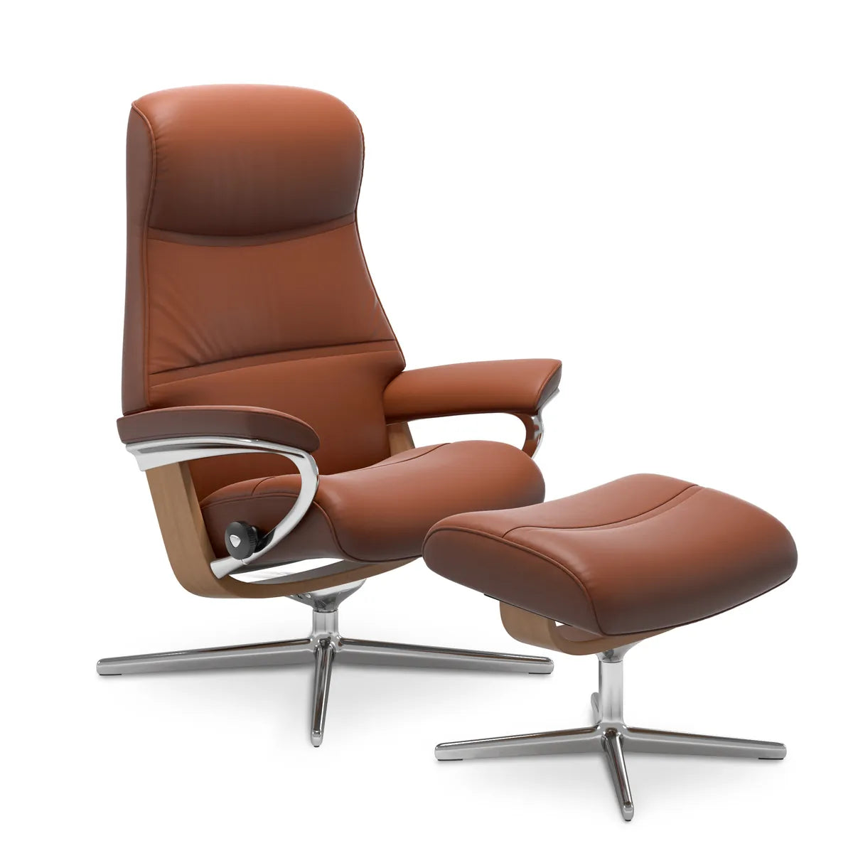 Stressless Philip with openwork armrests and a footstool in Paloma New Cognac leather on a polished Cross base