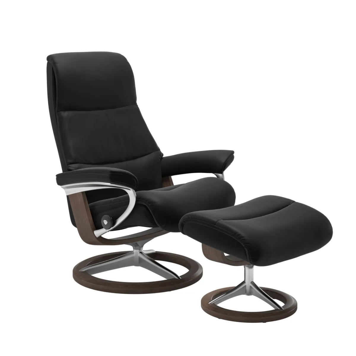 Stressless View Signature in zwart Paloma leder met voetenbank, studiofoto met de lange rug in profiel